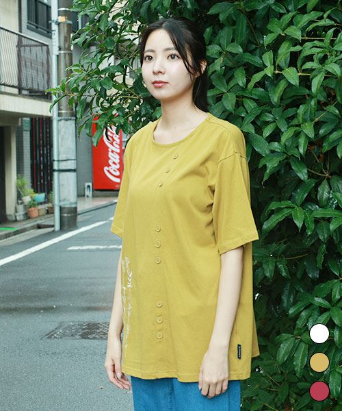 drug store's 20/-OE天竺 花刺繍 飾りボタン付き Tシャツ