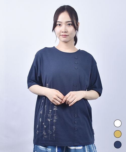 drug store's 20/-OE天竺 花刺繍 飾りボタン付き Tシャツ