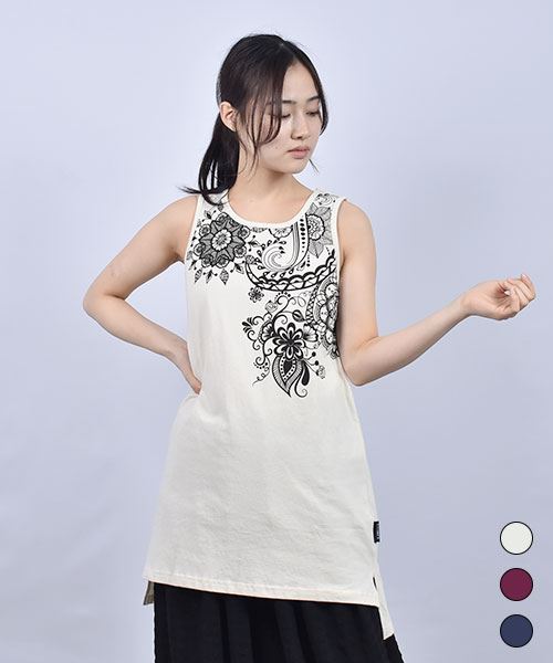 drug store's 20/-OE天竺 アジアン プリント 丈長 Aライン タンクトップ