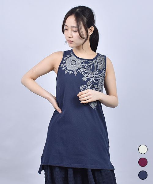 drug store's 20/-OE天竺 アジアン プリント 丈長 Aライン タンクトップ