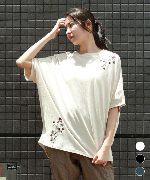 drug store's 20/-天竺 花刺繍 後裾タック入り ドルマンT