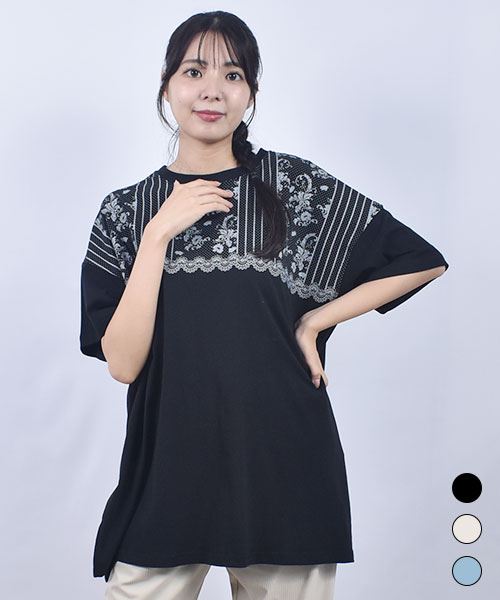 drug store's 20/-OE天竺 レースプリント 丈長スリットT