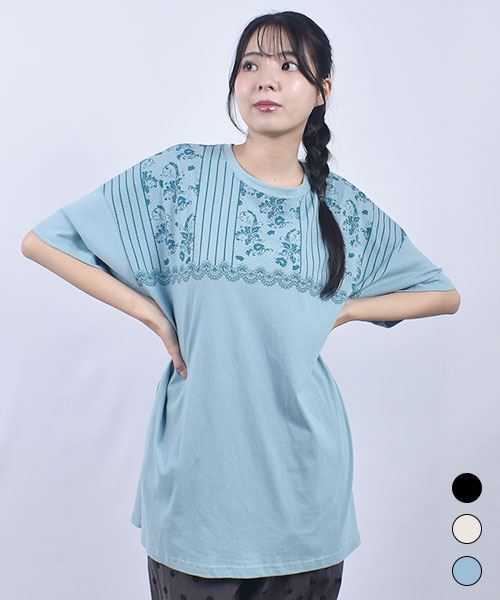 drug store's 20/-OE天竺 レースプリント 丈長スリットT