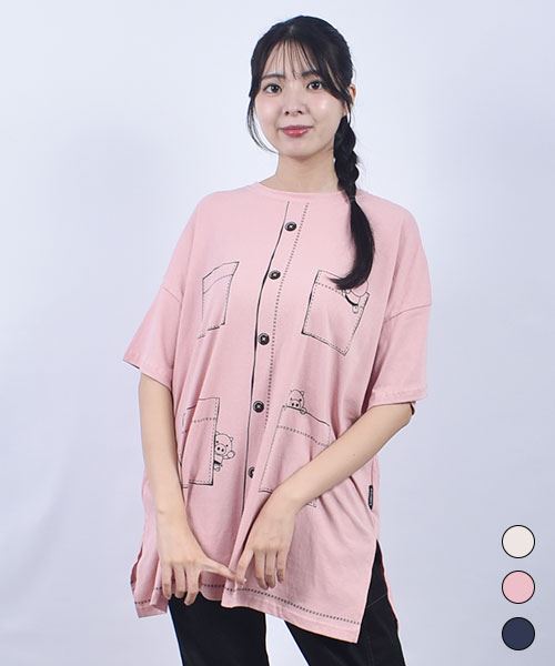 drug store's 20/-OE天竺 ブタカーディガン風プリント 丈長スリットT