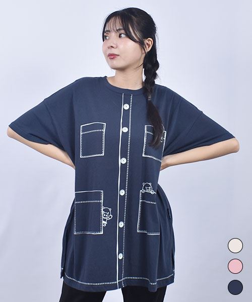 drug store's 20/-OE天竺 ブタカーディガン風プリント 丈長スリットT