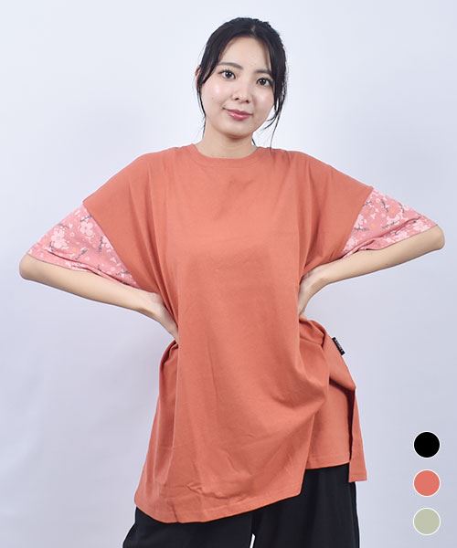 drug store's OE天竺 ブタ×花柄 袖プリント ドロップショルダー丈長 スリットT