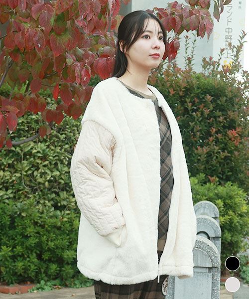drug store's キルト袖 衿なし フェイクファー ブルゾン