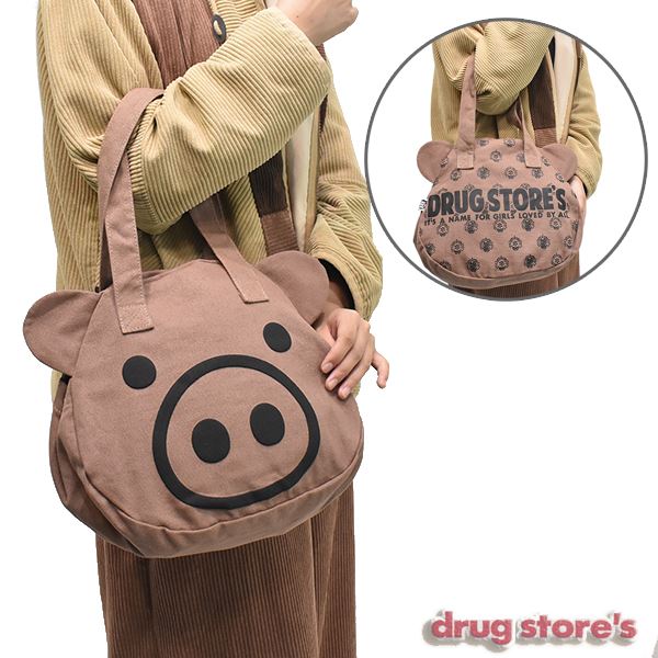 drug store's キャンバス ブタ顔 トートバッグ 手提げバッグ (小）