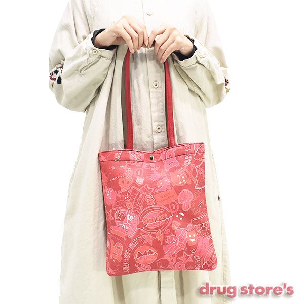 drug store's 合皮 ブタ＆ロゴ総柄プリント トートバッグ（小）
