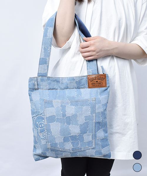 【トートバッグ】 パッチワーク風 デニム トートバッグ