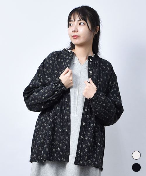 【シャツ】 小花プリント フリル シャツ