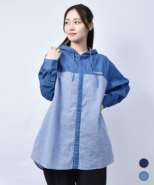 【パーカー】 チェック 薄デニム パーカー