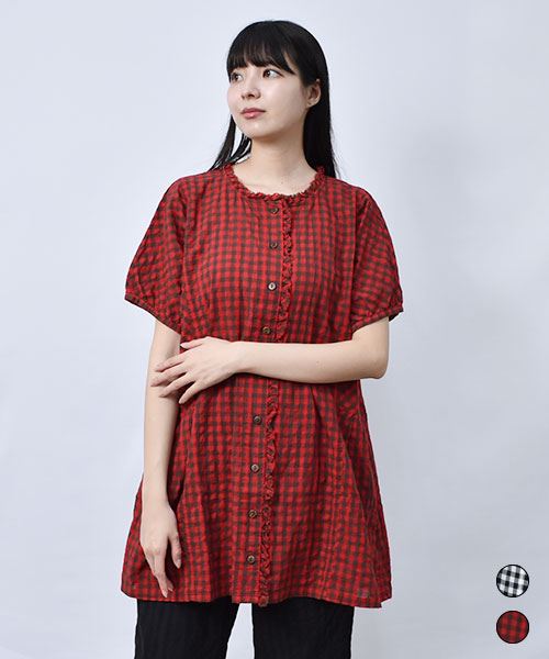 【チュニック】 ギンガムチェック フリル チュニック