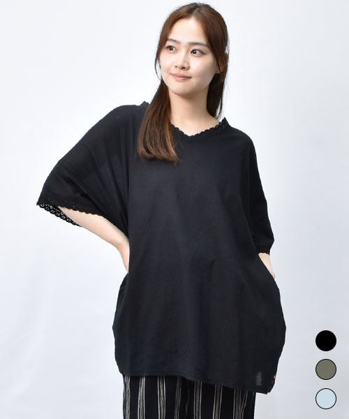 【Tシャツ】 ゆったり 衿レース Tシャツ