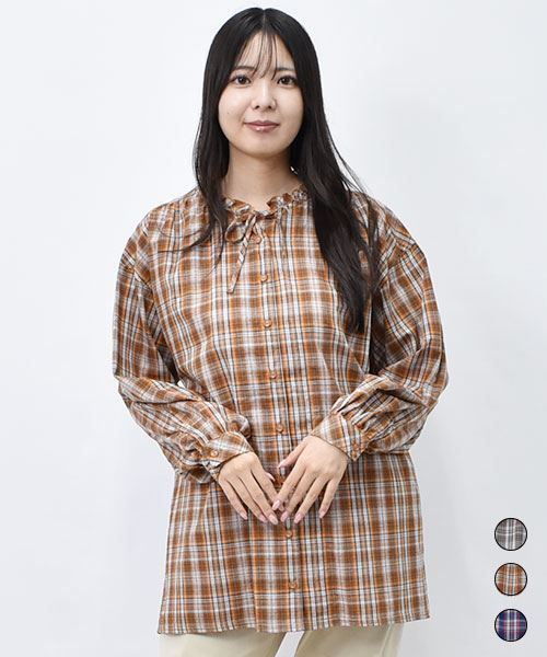 【シャツ】 襟フリル チェック クラシック シャツ