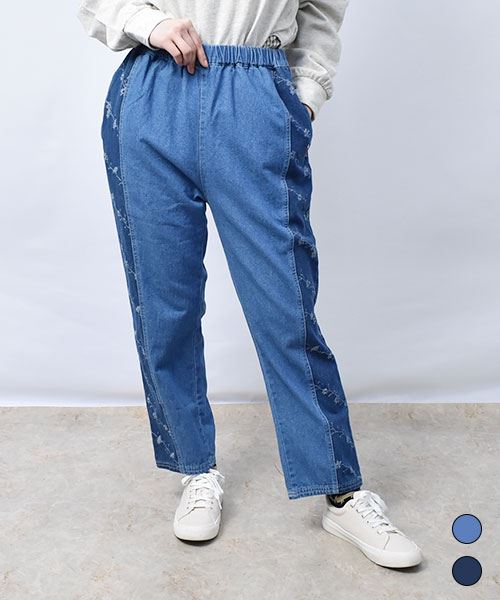 【パンツ】 花柄ジャガード デニム パンツ