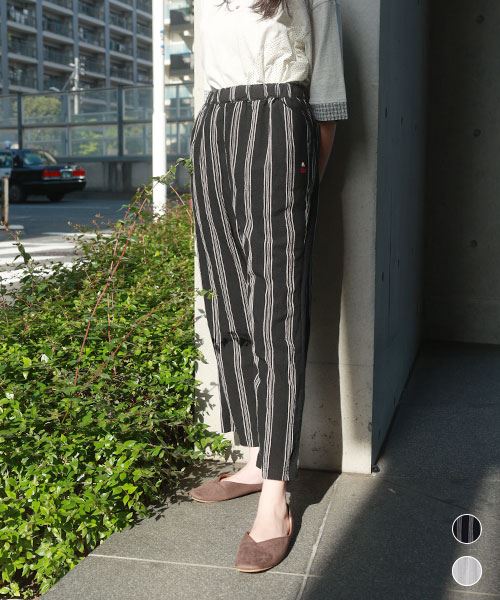 【パンツ】 細見え ストライプ パンツ