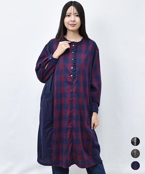 【ワンピース】 縦ライン チェック切替 ワンピース
