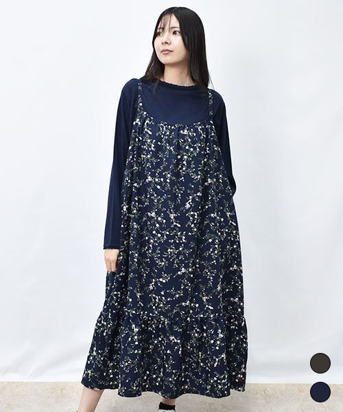 【ジャンスカ】 小花柄 フレア ジャンバースカート