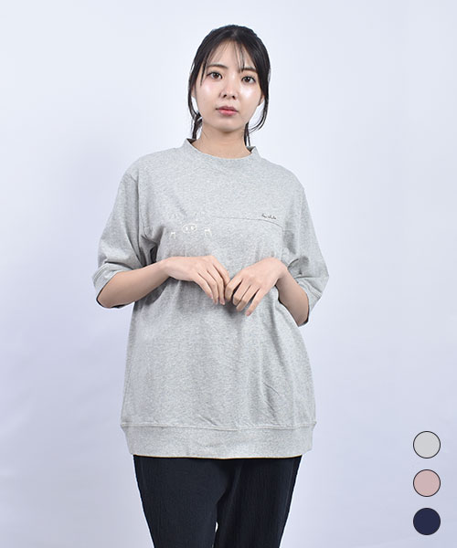 D.S.CLUB 天竺 ヨーク切り替え ブタ刺繍 半袖 ラグラン Tシャツ