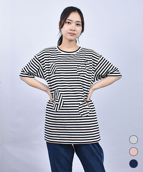 D.S.CLUB ボーダー天竺 刺繍アップリケ 5分袖 T