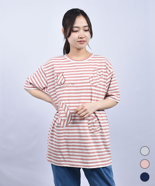 D.S.CLUB ボーダー天竺 刺繍アップリケ 5分袖 T