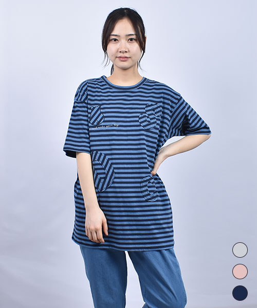 D.S.CLUB ボーダー天竺 刺繍アップリケ 5分袖 T