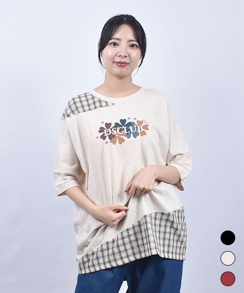 D.S.CLUB 天竺 花刺繍プリント ドルマン 5分袖 Ｔシャツ