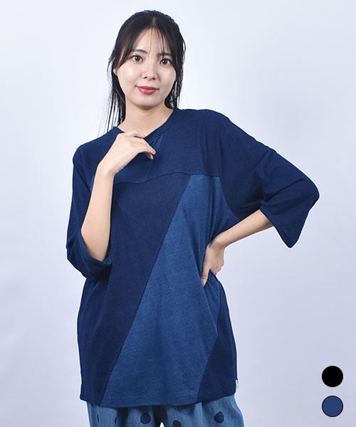 D.S.CLUB インディゴ天竺 裾ギャザー ドルマン T