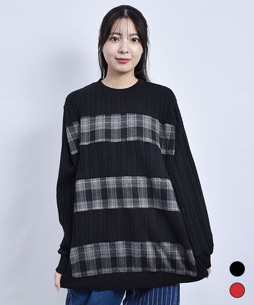 D.S.CLUB チェック 切替 ケーブルニットソー