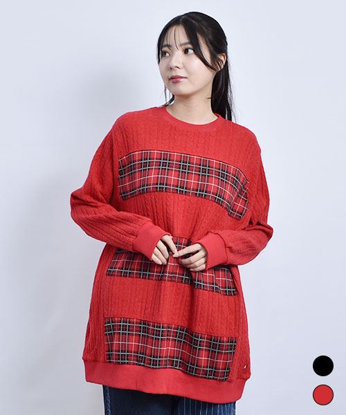 D.S.CLUB チェック 切替 ケーブルニットソー