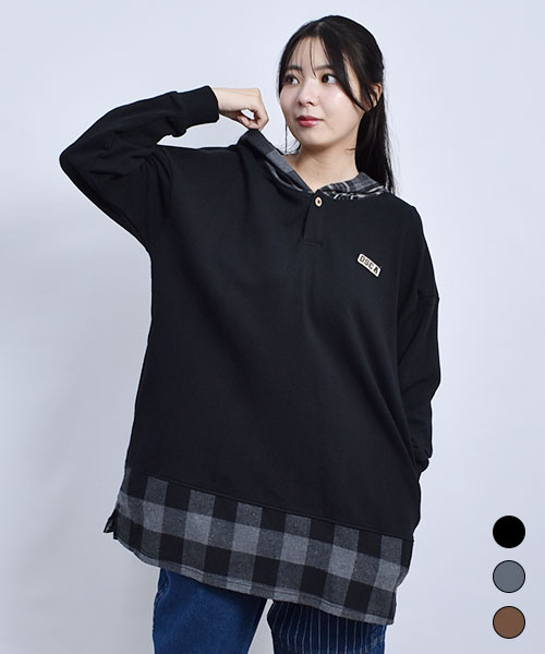 D.S.CLUB 裏毛 裾重ね チェック 丈長 パーカー