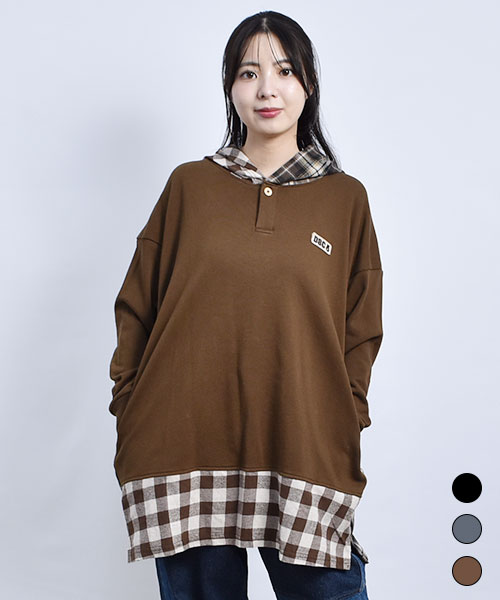 D.S.CLUB 裏毛 裾重ね チェック 丈長 パーカー