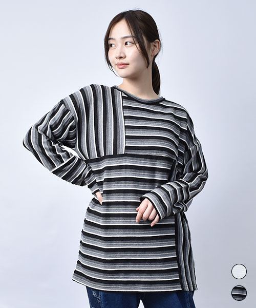 【Tシャツ】 縦横ボーダー Tシャツ