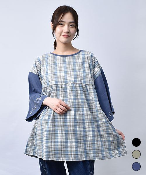 【ブラウス】 ふんわりギャザー チェック ブラウス