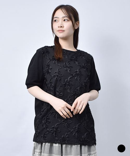 【Tシャツ】 フラワー レースドッキング Tシャツ