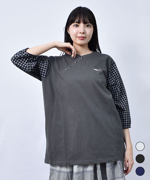 【Tシャツ】 斜めボタン 異素材 Tシャツ