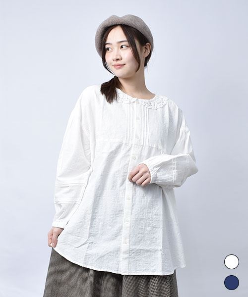 【ブラウス】 襟レース ジャガード ブラウス