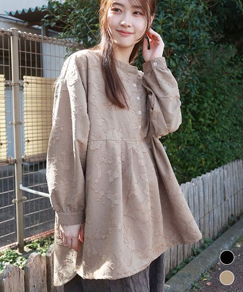 【チュニック】 花ジャガード バンドカラー チュニック
