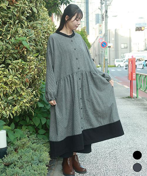 fu-ai スタンドカラー 裾切り替え 千鳥 ワンピース