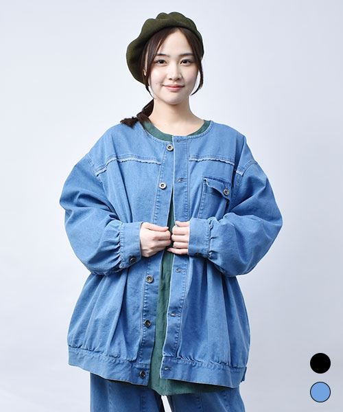 【ジャケット】 ストレッチデニム クルーネック ジャケット