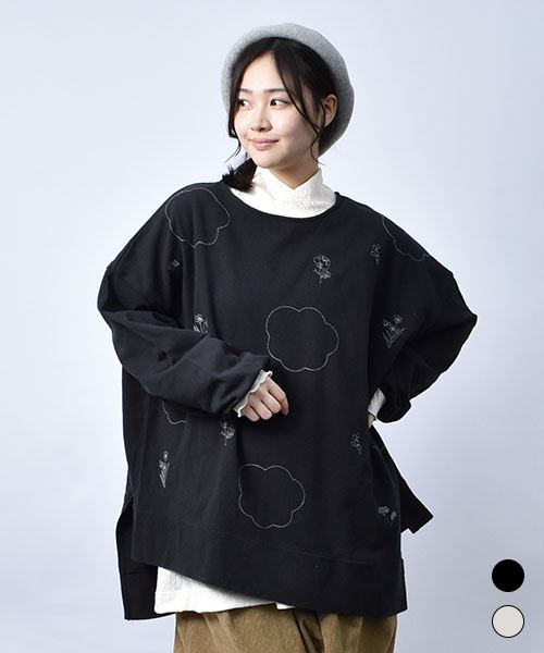 【スウェット トレーナー / 裏毛】 総柄刺繍 アシンメトリー トレーナー