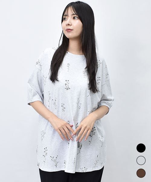 【Tシャツ】 花柄 ラウンド プリントT