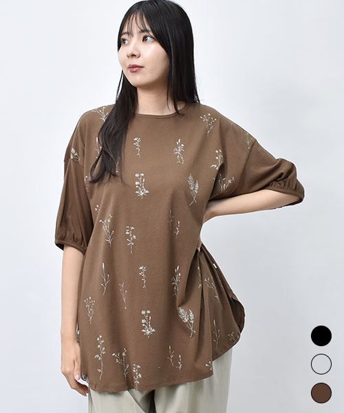 【Tシャツ】 花柄 ラウンド プリントT